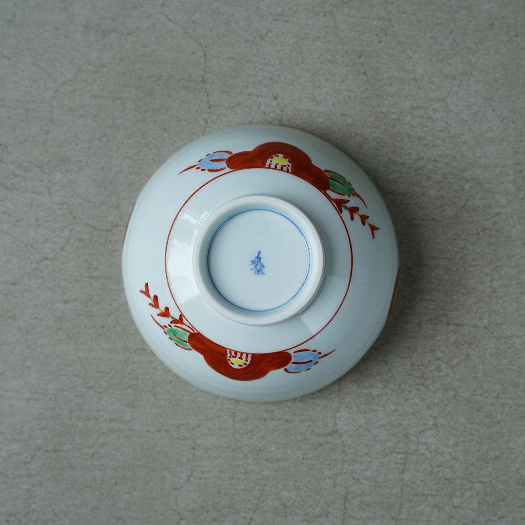 Keizan Kiln Red Enameled Camellia 4.7-inch Stepped Donburi Bowl