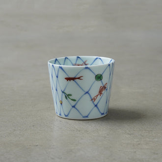 渓山窯 染錦網目魚紋そば猪口