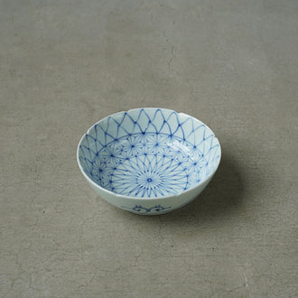 渓山窯 染付網目麻の葉5寸鉢(なます皿)