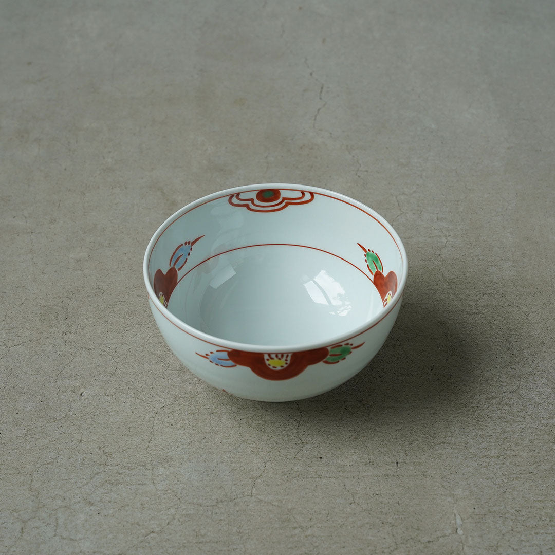 Keizan Kiln Red Enameled Camellia 4.7-inch Stepped Donburi Bowl