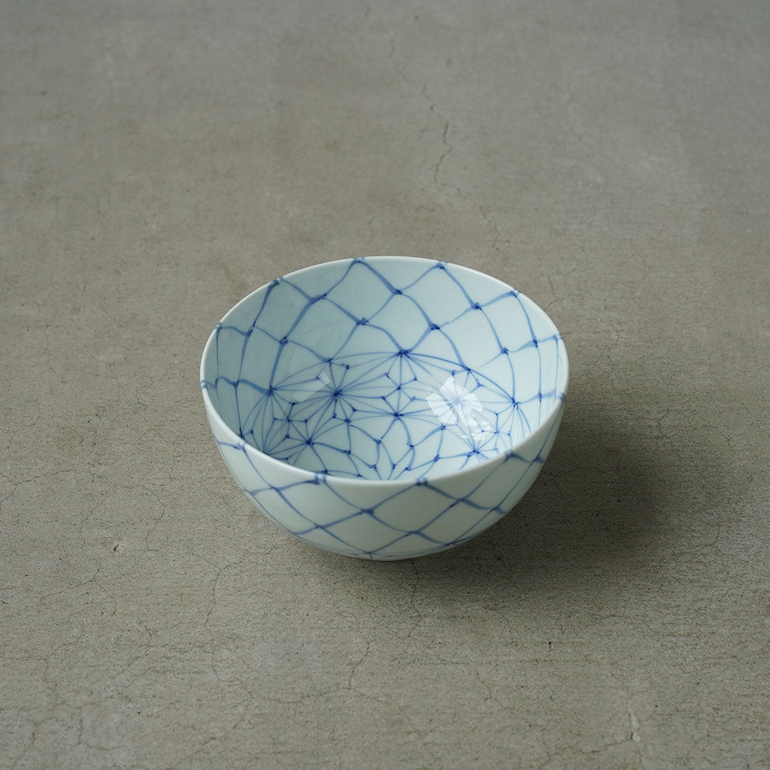 渓山窯 染付網目麻の葉4.7寸段入丼