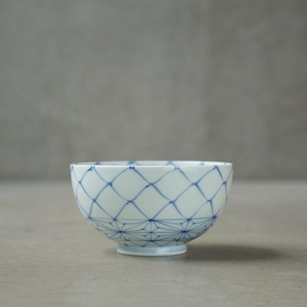 渓山窯 染付網目麻の葉4.7寸段入丼