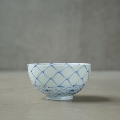 渓山窯 染付網目麻の葉4.7寸段入丼