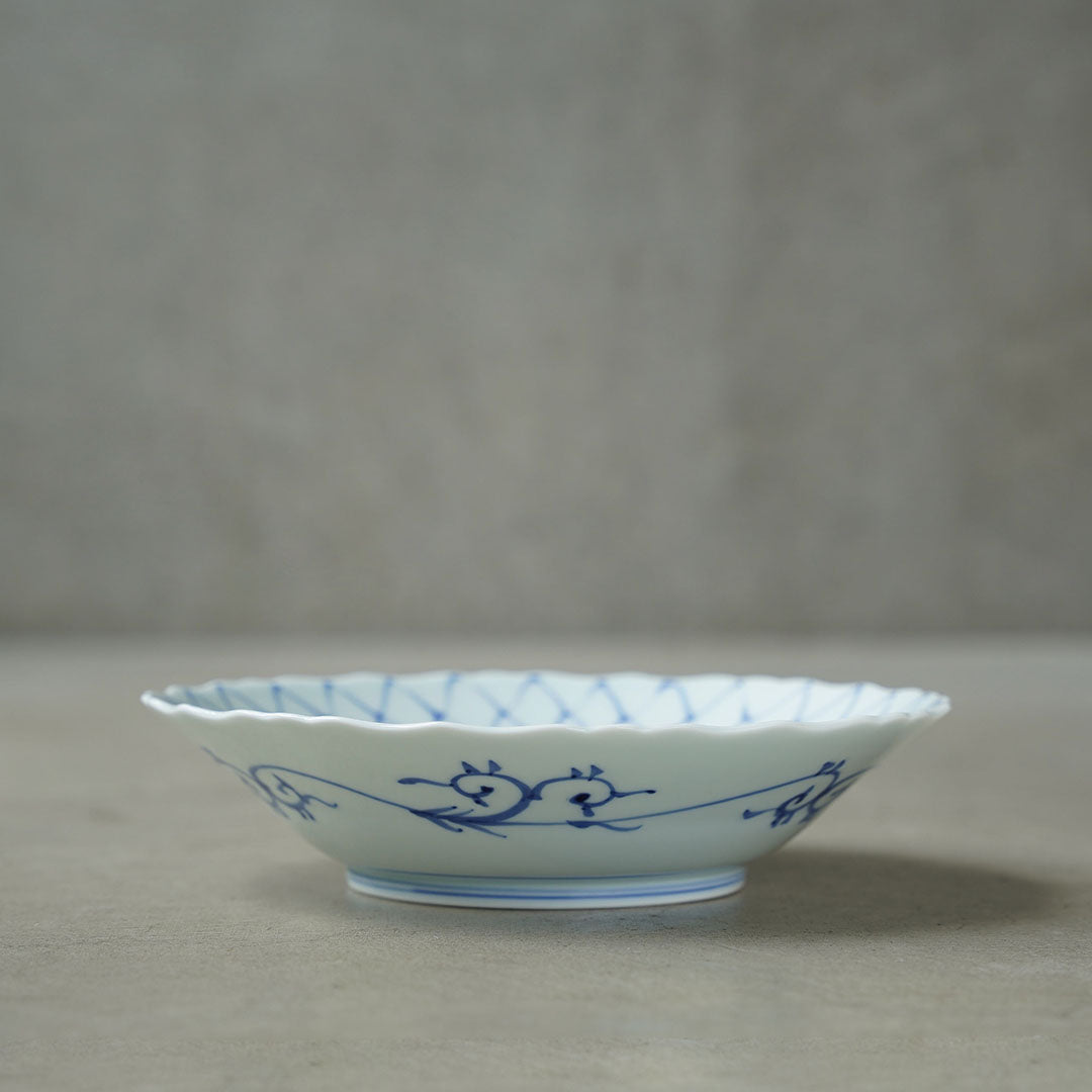 Keizan Kiln Sometsuke Amime Asa-no-ha Kikyo-buchi 7-sun Medium Bowl