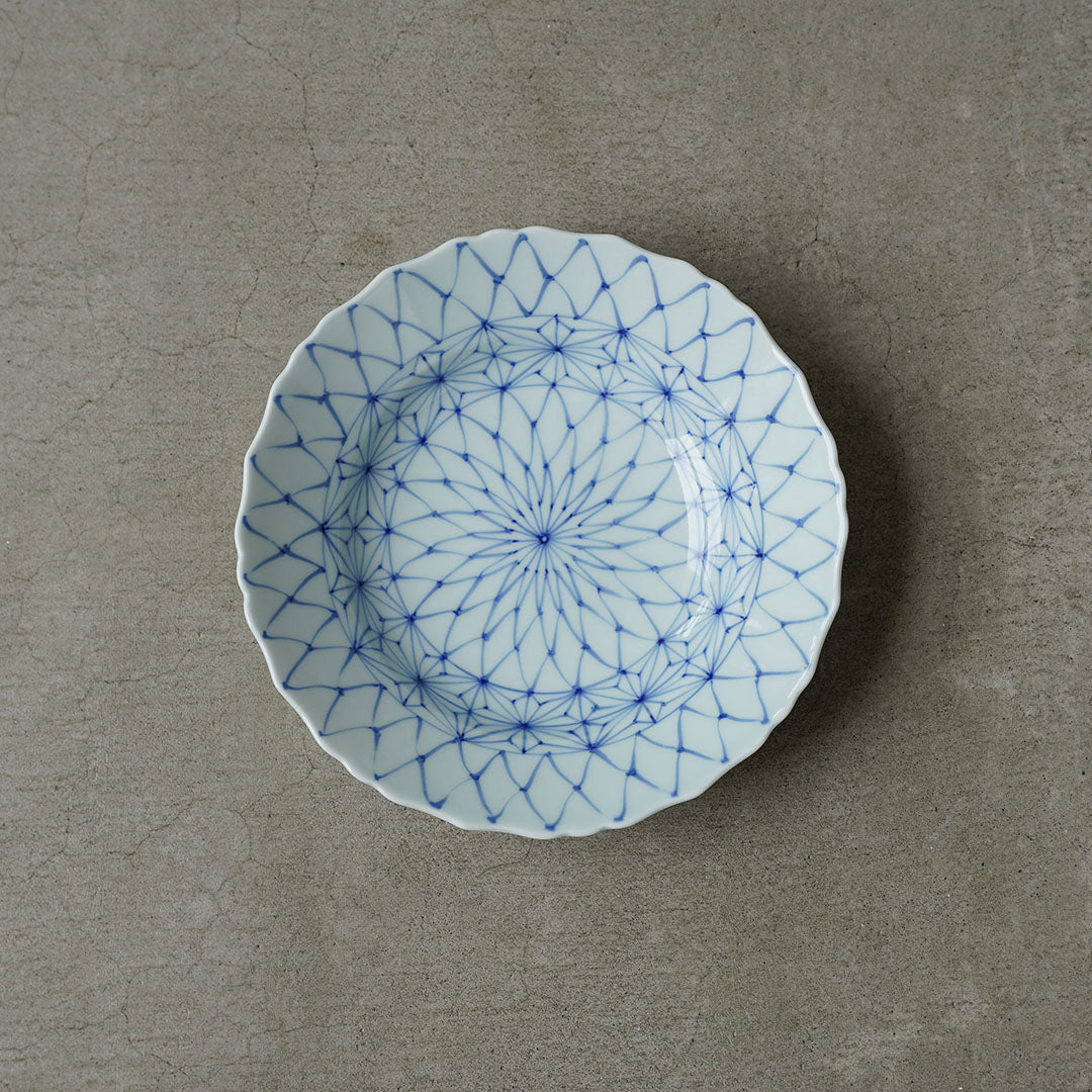 Keizan Kiln Sometsuke Amime Asa-no-ha Kikyo-buchi 7-sun Medium Bowl