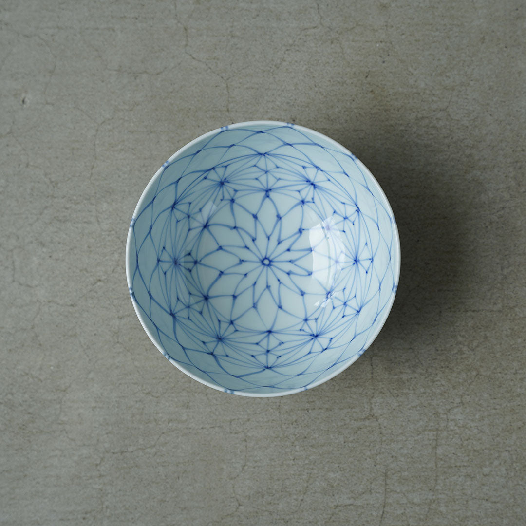 渓山窯 染付網目麻の葉4.7寸段入丼