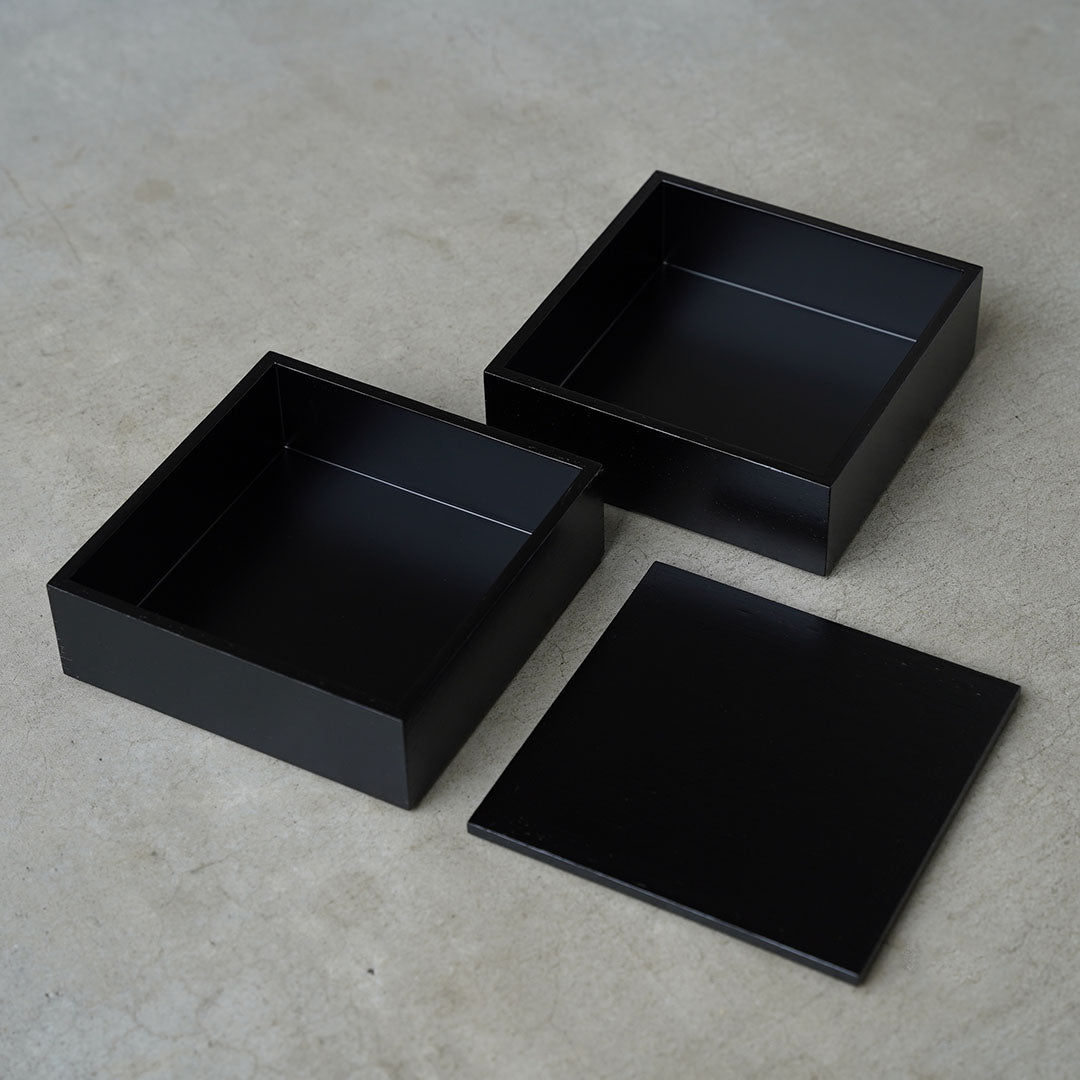 土直漆器×アメノイエ　重箱150×150mm 2段　黒