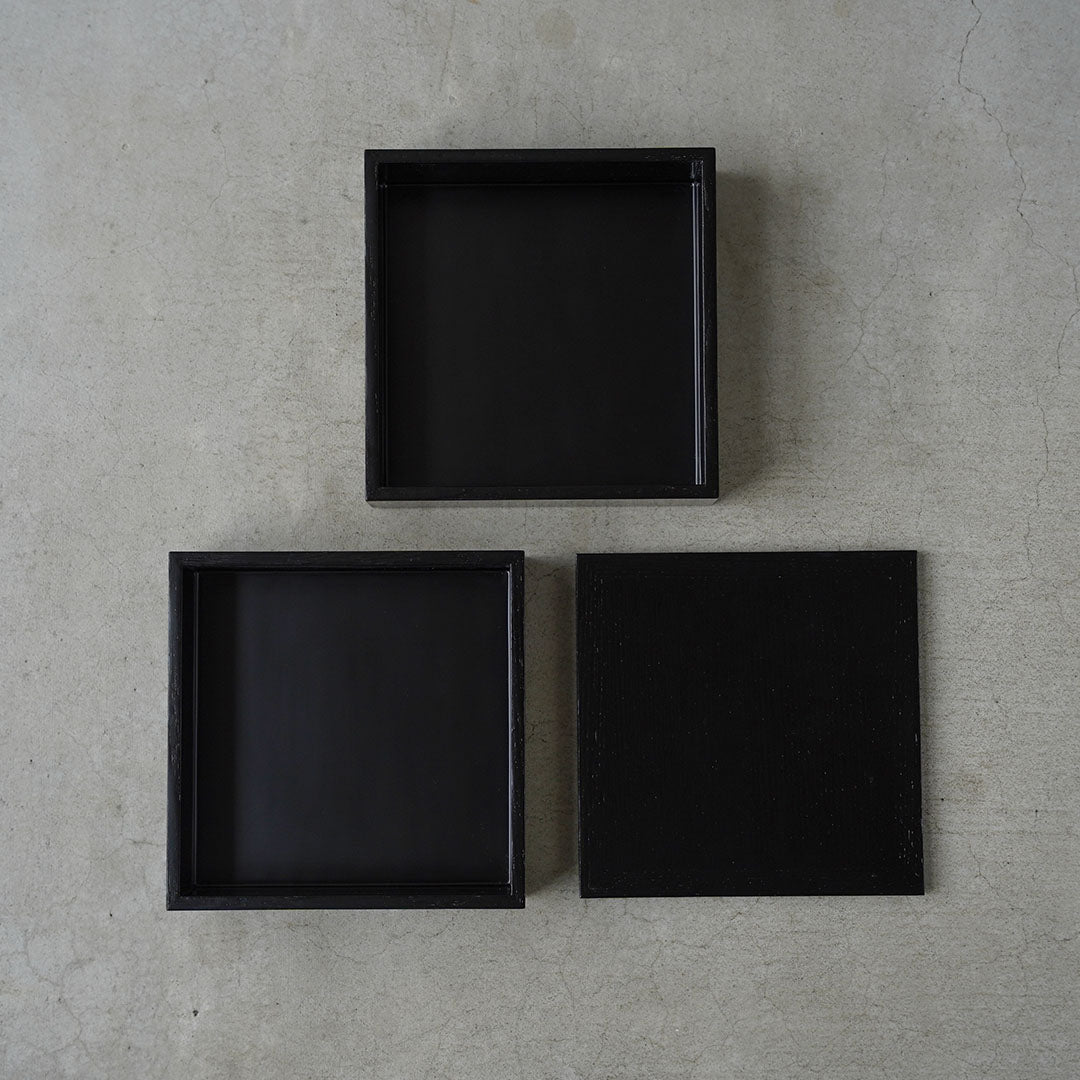 土直漆器×アメノイエ　重箱150×150mm 2段　黒